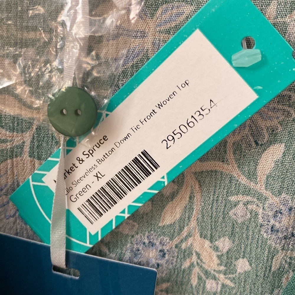 Market And Spruce Top XL Lilo Sleeveless Button Down Tie Front Floral Sage Green - Picture 4 of 5